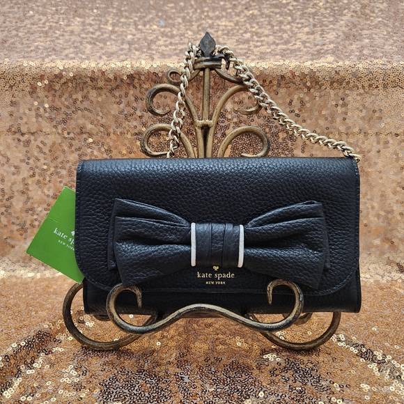 Kate Spade Black Bow Detail Goldtone Chain Pebbled Leather Shoulder Bag